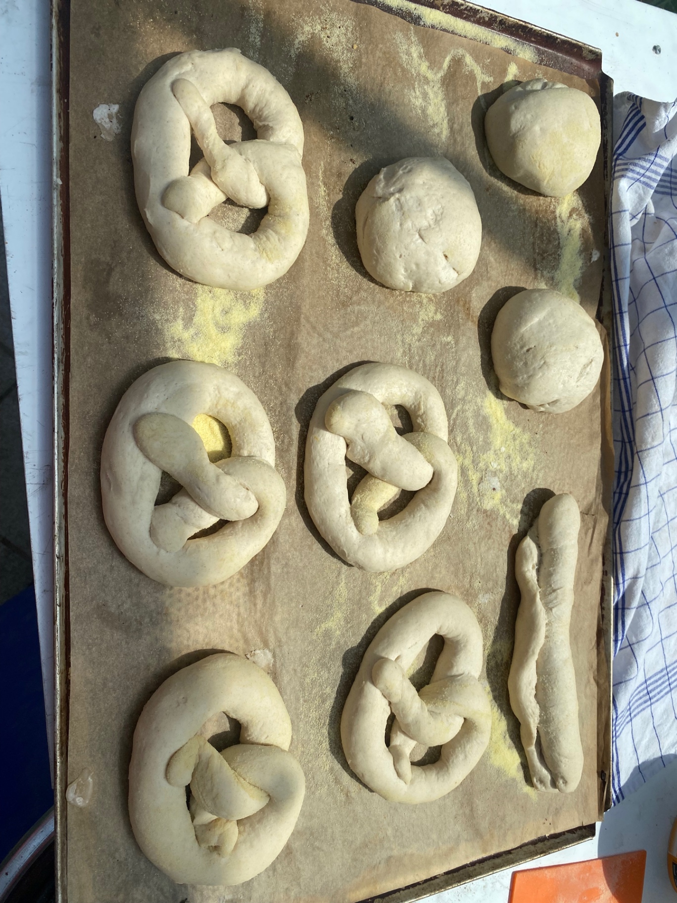 Geformte Brezen und Teiglinge vor dem Backen