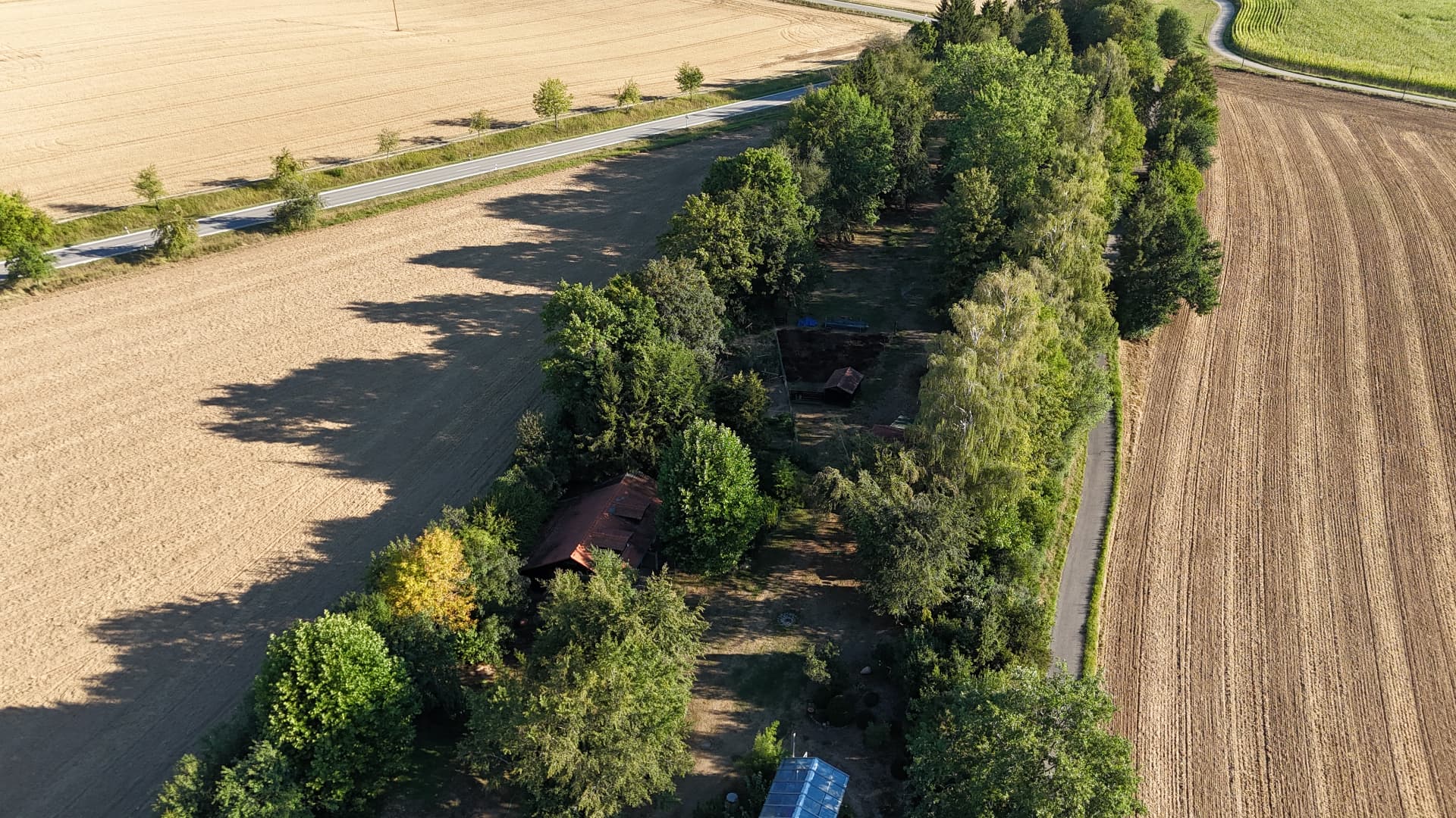Luftbild des langen grünen Grundstücksstreifens am Grünen Gleis mit Feldern und Bäumen